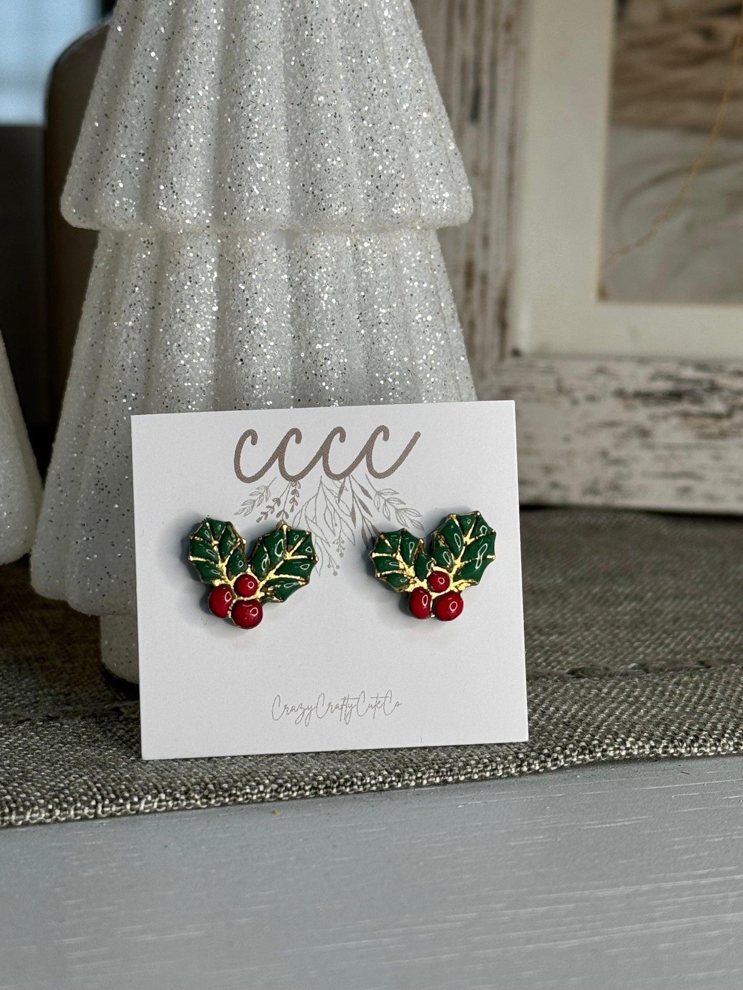 Christmas- Holly Studs-Gold Embellished