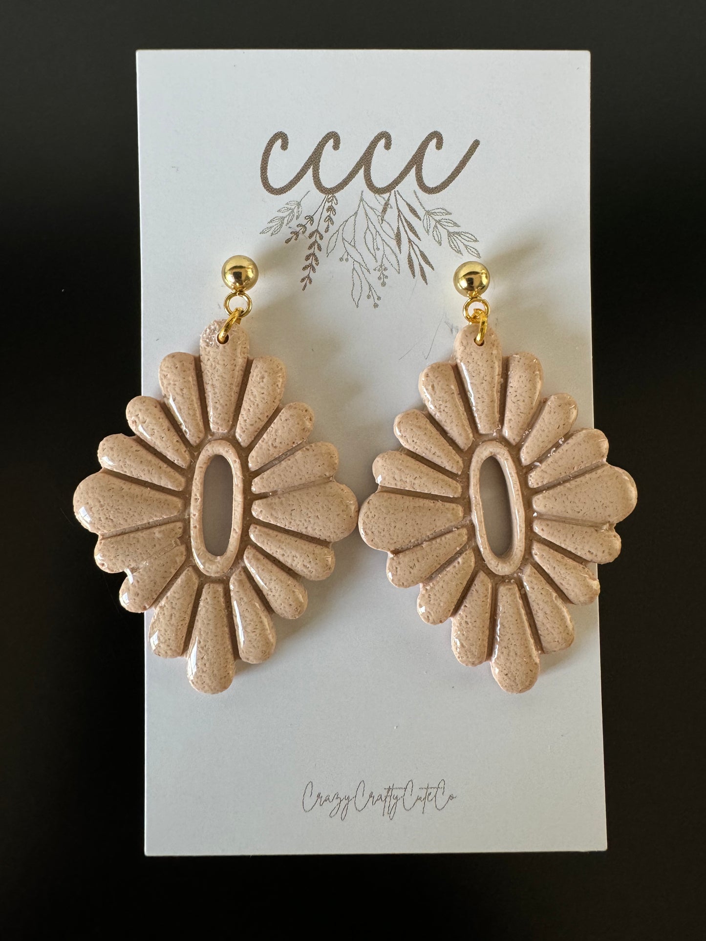 Beige Floral Dangle- Gold Post