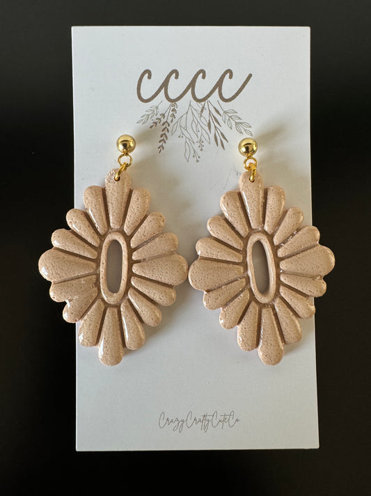 Beige Floral Dangle- Gold Post