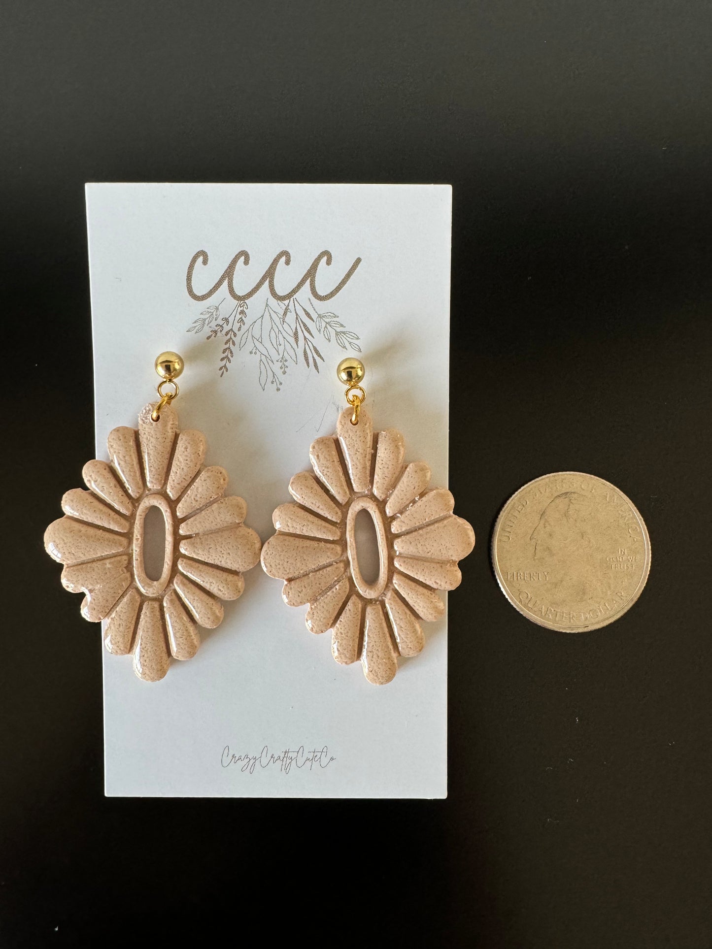 Beige Floral Dangle- Gold Post